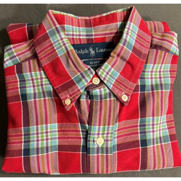 Ralph Lauren Blake Cotton Shirt  M Long Sleeve Button Up Red Multi Color Plaid - Picture 1 of 9